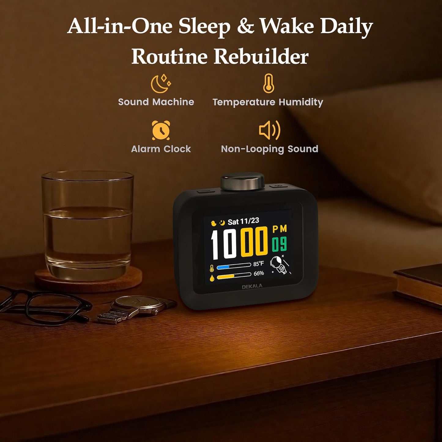 Dekala AuraDot White Noise Sound Machine for Sleep Temperature Humidity Monitor, 30 Non-Loop Soothing Sounds, Timer/Play All Night, Animationed Sleep Screen, 7-Day Programmable 4 Alarm Clock Black