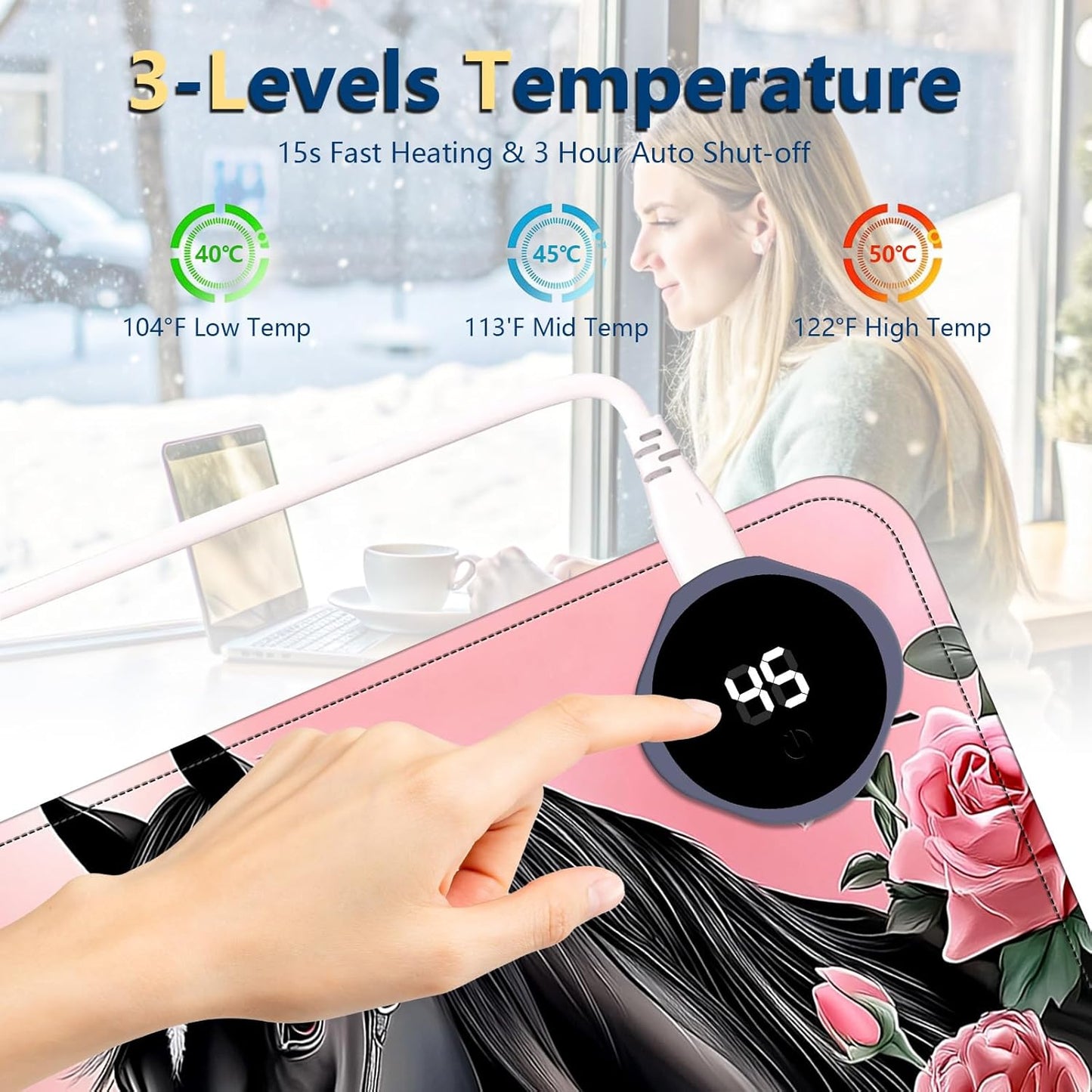 Heated Mouse Pad with 3 Temperature Settings(104°F–122°F),Large 24x14.2 Inch PU Leather Heated Desk Mat,Waterproof Warming Pad for Office,Gaming & Cold Hands Relief,Pink Rose Black Horse