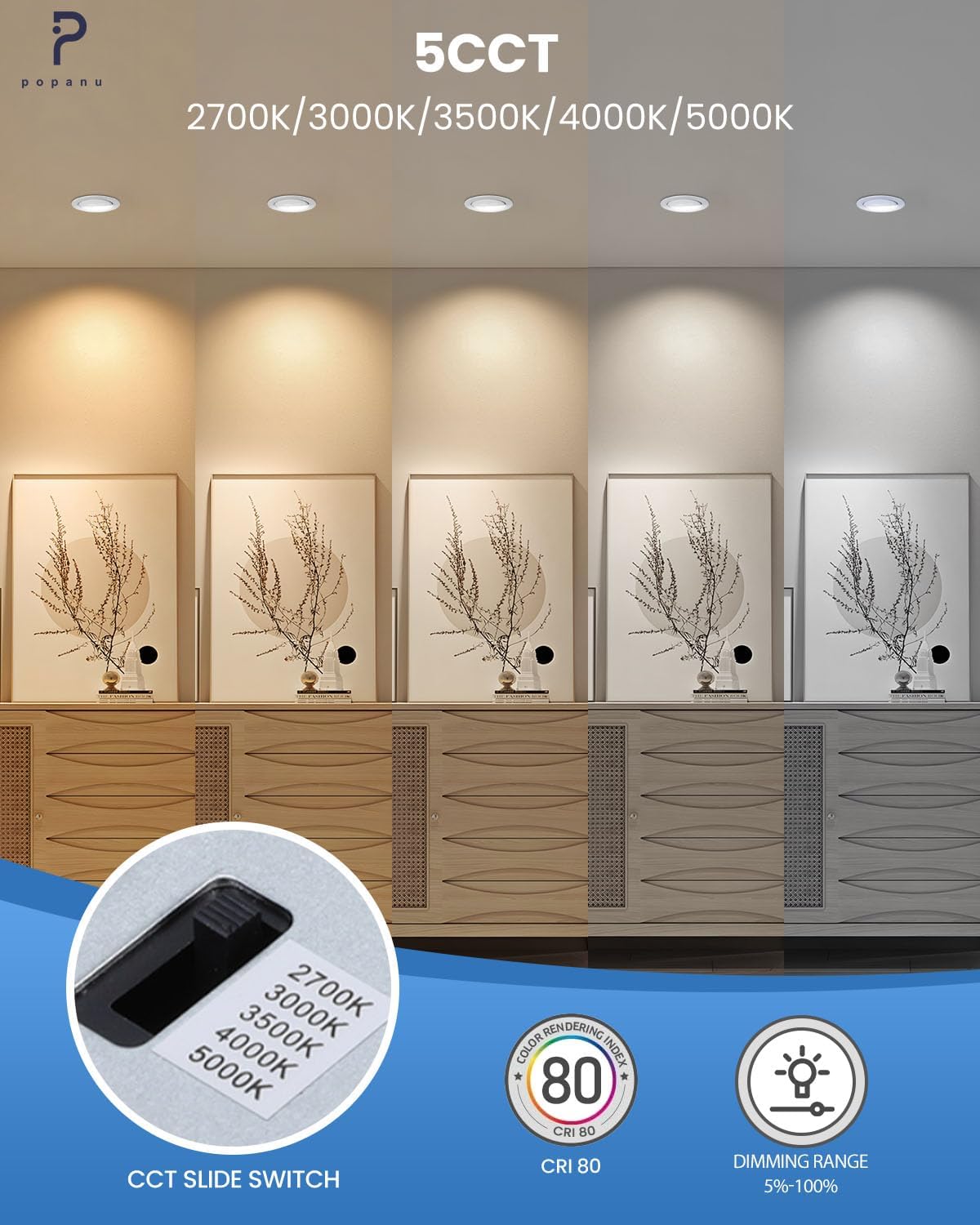 Recessed Lighting 4 inch Gimbal 9W 5CCT Swivel Ceiling Eyeball Spotlight 4inch Dimmable Recessed Lights, Soffit Indoor Directional Lighting, 90° Tilt and 360° Rotation White 2 Pack