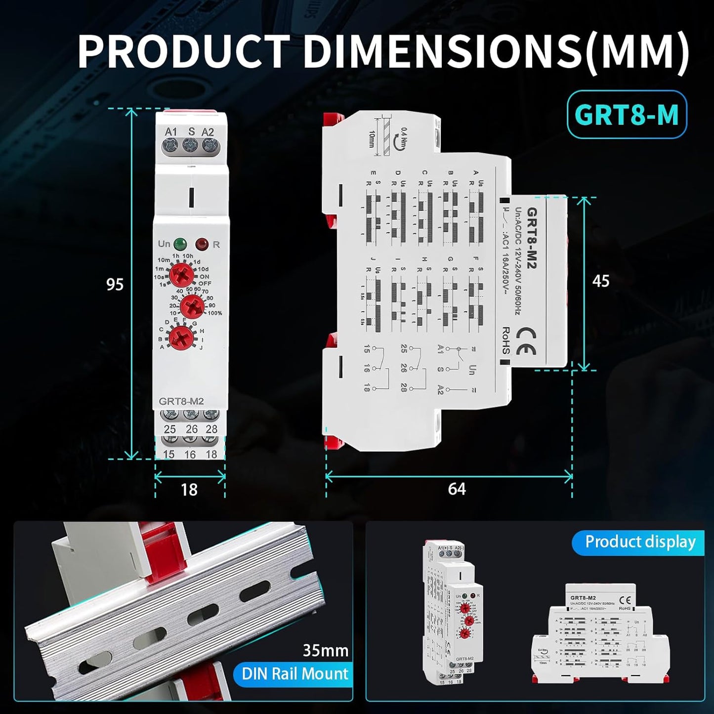 GRT8 M2 Multifunction Time Relay 2 Outputs 16A Adjustable Relay 12V Electronic Timer Relays in Din Rail, 0.1s-10 Days Wide Range Delay On Off Automation Universal Voltage Range ACDC 12V to 240V