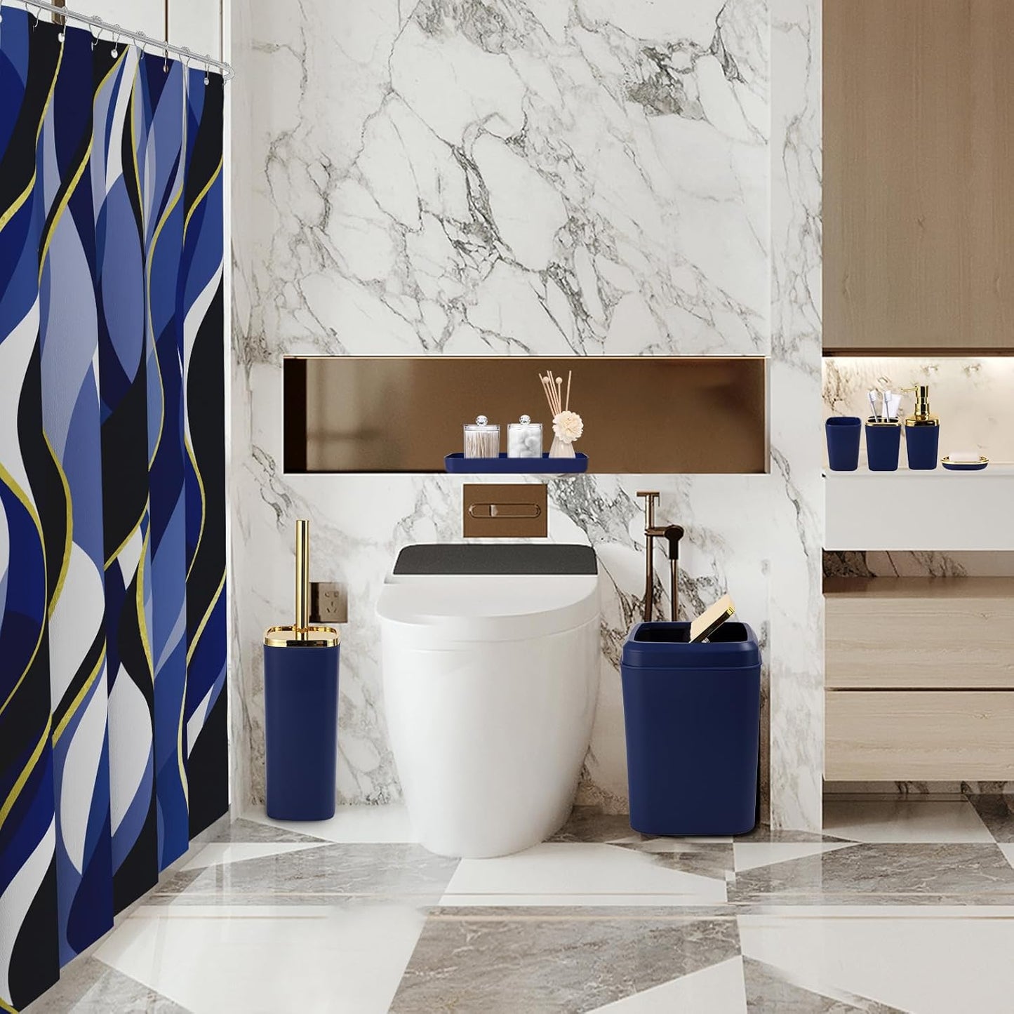 Blue Bathroom Set, Bathroom Sets with Stripe Shower Curtain, Navy Blue and Gold Bathroom Accessories with Trash Can, Soap Dispenser, Soap Dish, Toilet Brush Holder, Qtip Holders for Bathroom