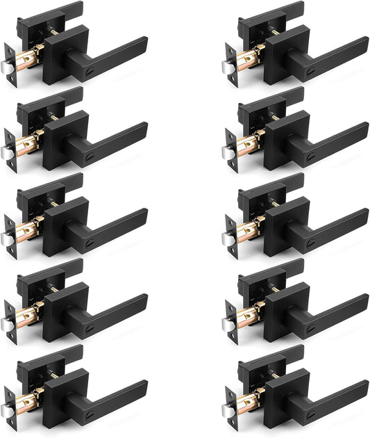 Probrico 10 Pack| Matte Black Square Privacy Door Levers Bed Bath Door Handles, Heavy Duty Interior Keyless Door Locks for Left or Right Sided Doors