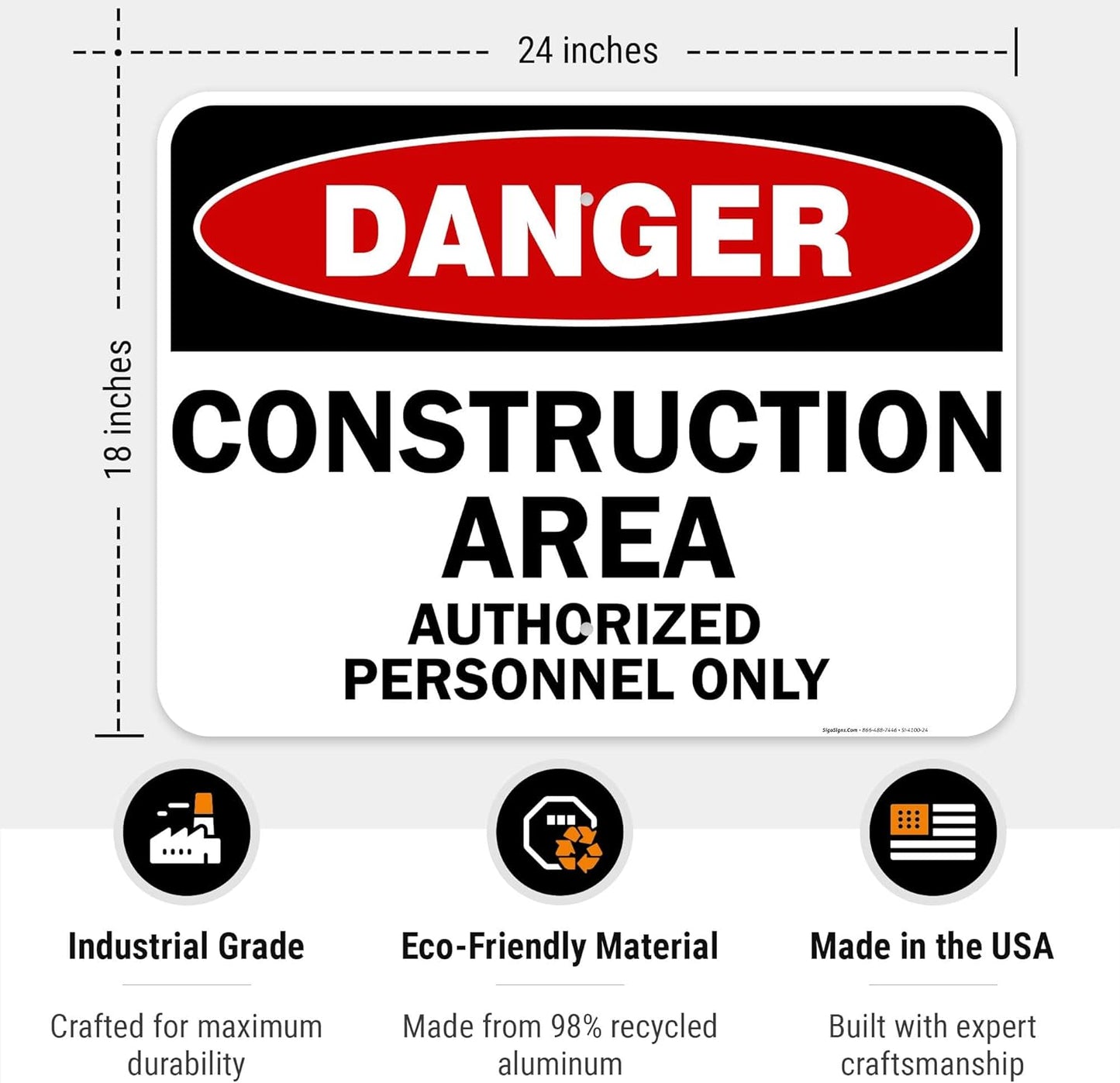 Danger Construction Area Sign, Authorized Personnel Only Sign, 18x24 Inches, 55 mil Thick HDPE (high Density polyethylene), Made in USA