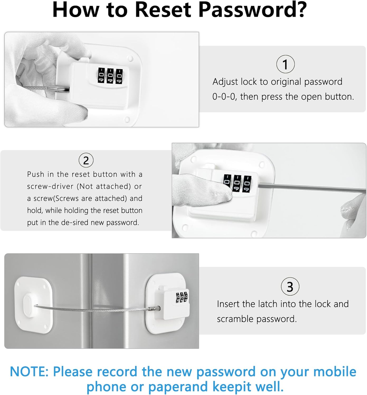 Refrigerator Lock, Heavy Duty Fridge Lock, Combination Lock for Refrigerator Cabinets, Drawers, Safety, Easy Install No Keys Needed (White-3Pack)