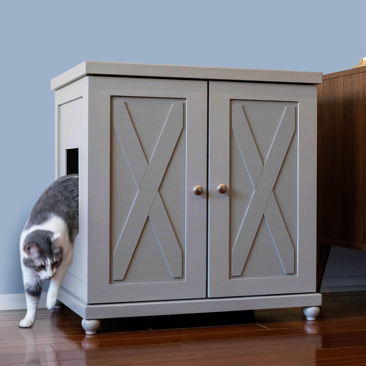 THE REFINED FELINE Cat Litter Box Enclosure Cabinet, Farmhouse, Smoke Gray, Tulip Feet, Large, Hidden Litter Cat Furniture with Drawer