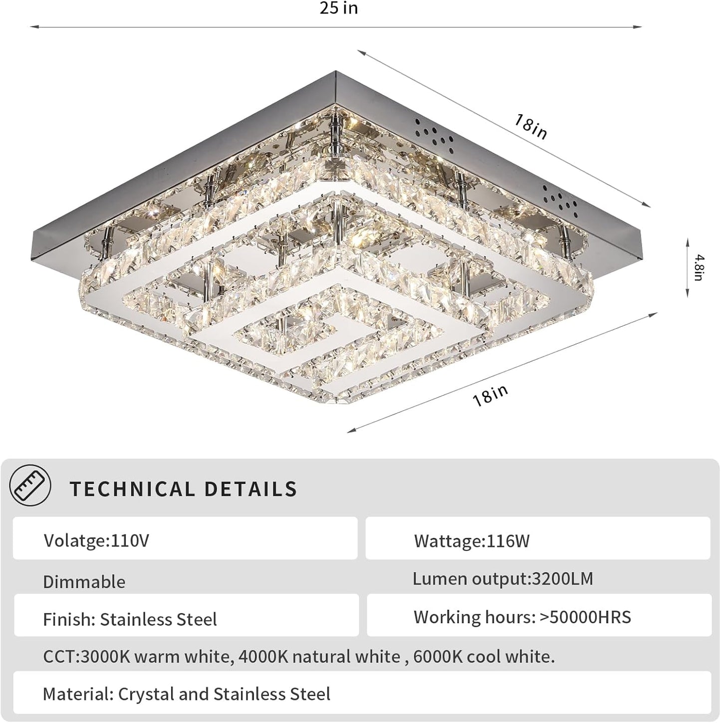 25" Modern Crystal Chandelier with Remote/App Control, Dimmable Flush Mount Ceiling Light Fixture, 3-Color Temperature, Led Ceiling Lamp for Living Room Bedroom Kitchen Dining Room Entryway