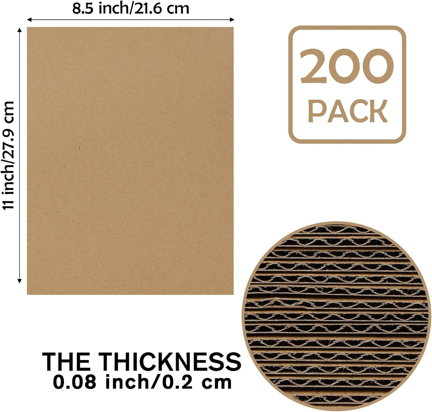 Calenzana 8.5x11 Browm Corrugated Cardboard Sheets, Flat Card Boards Inserts for Crafts, Packing, Shipping, Moving, Mailing, 200 Pack