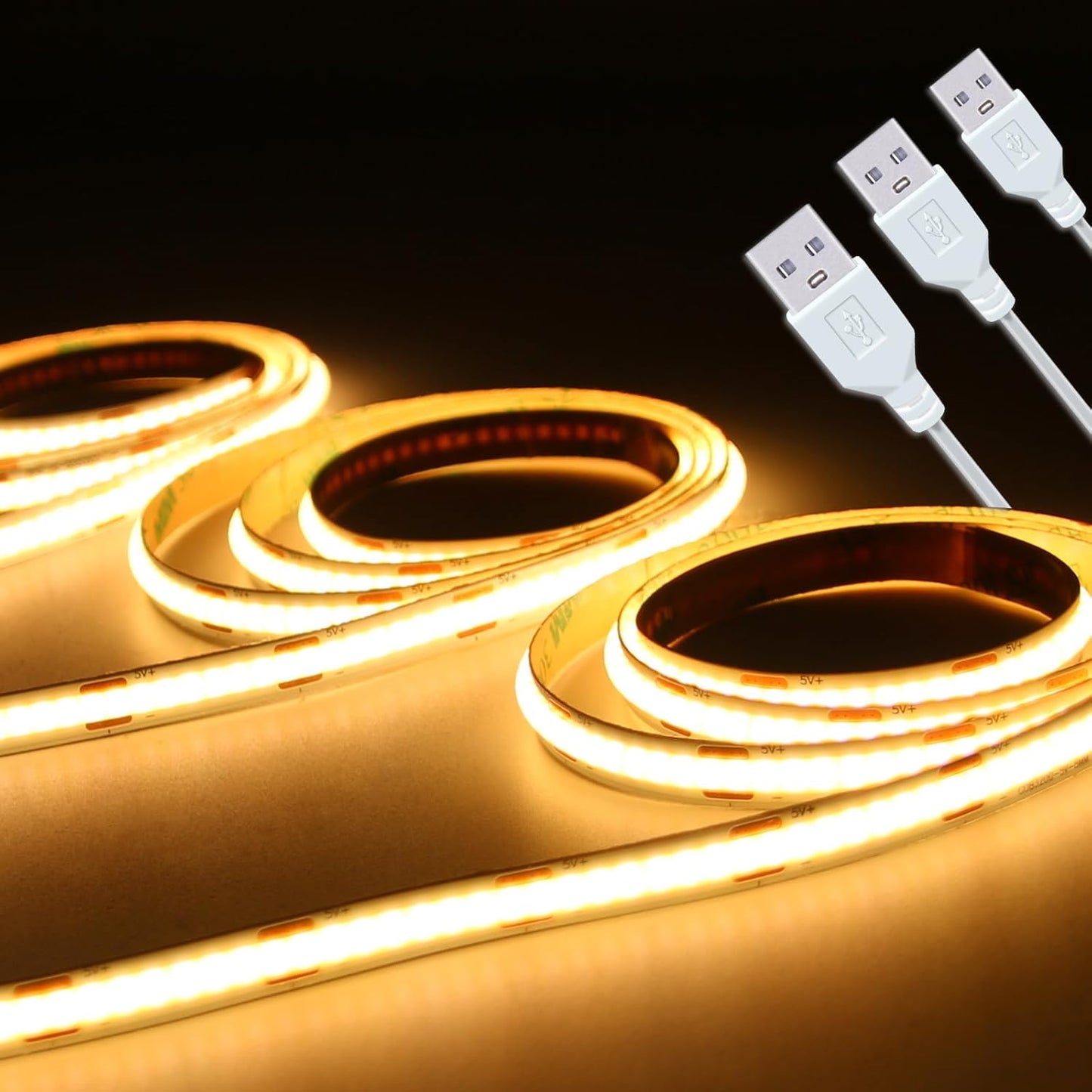Led Strip Lights 5V USB Short COB LED Strip Light 3Pack 3000K Warm White Small Flexible Not Dimmable USB led Lights for Indoor Home DIY Lighting Room Decor 5V LED TV Lights (3.28FT/1M*3)
