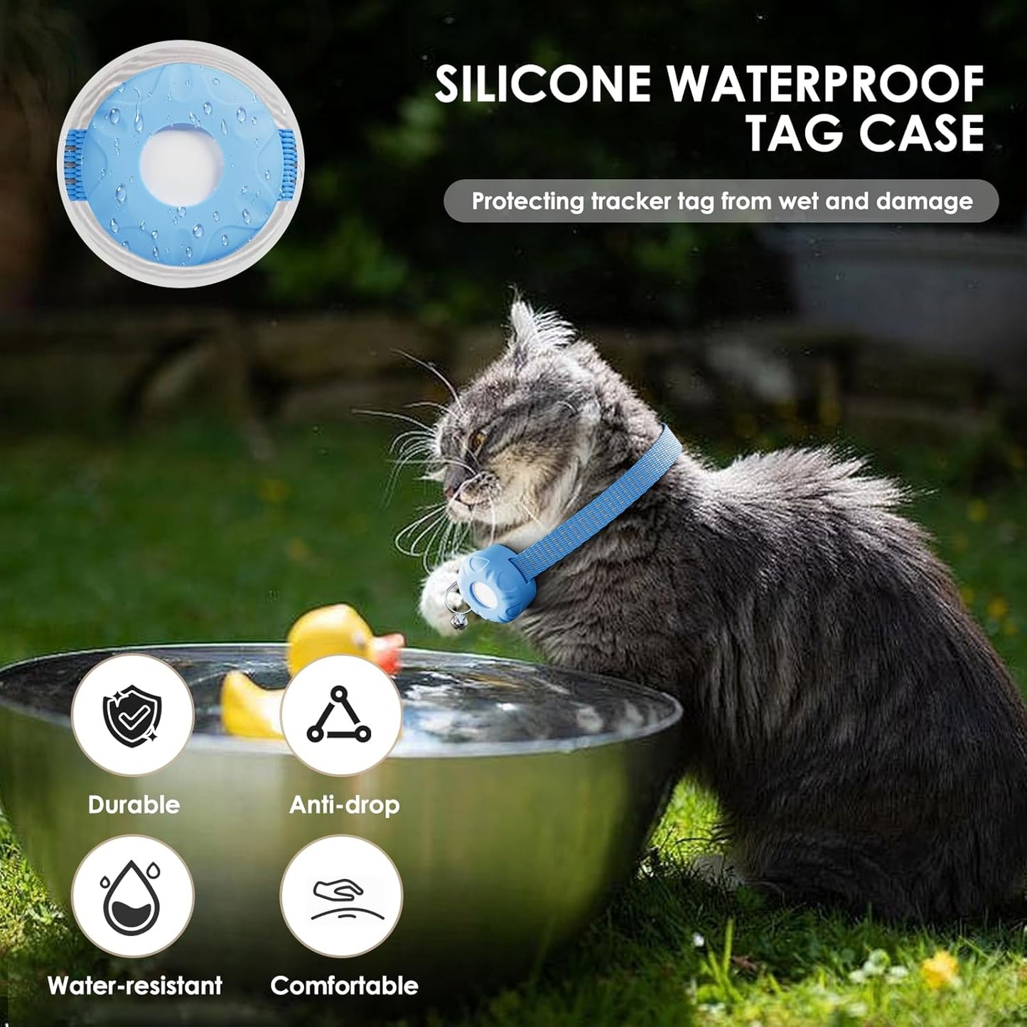Cat GPS Tracker, Waterproof Pet Tracker for Cats, Cat GPS Tracker Collar with Safety Elastic Buckle, Works with Any Collar,Compatible with Apple Find My App (Only iOS), No Monthly Fee, Blue