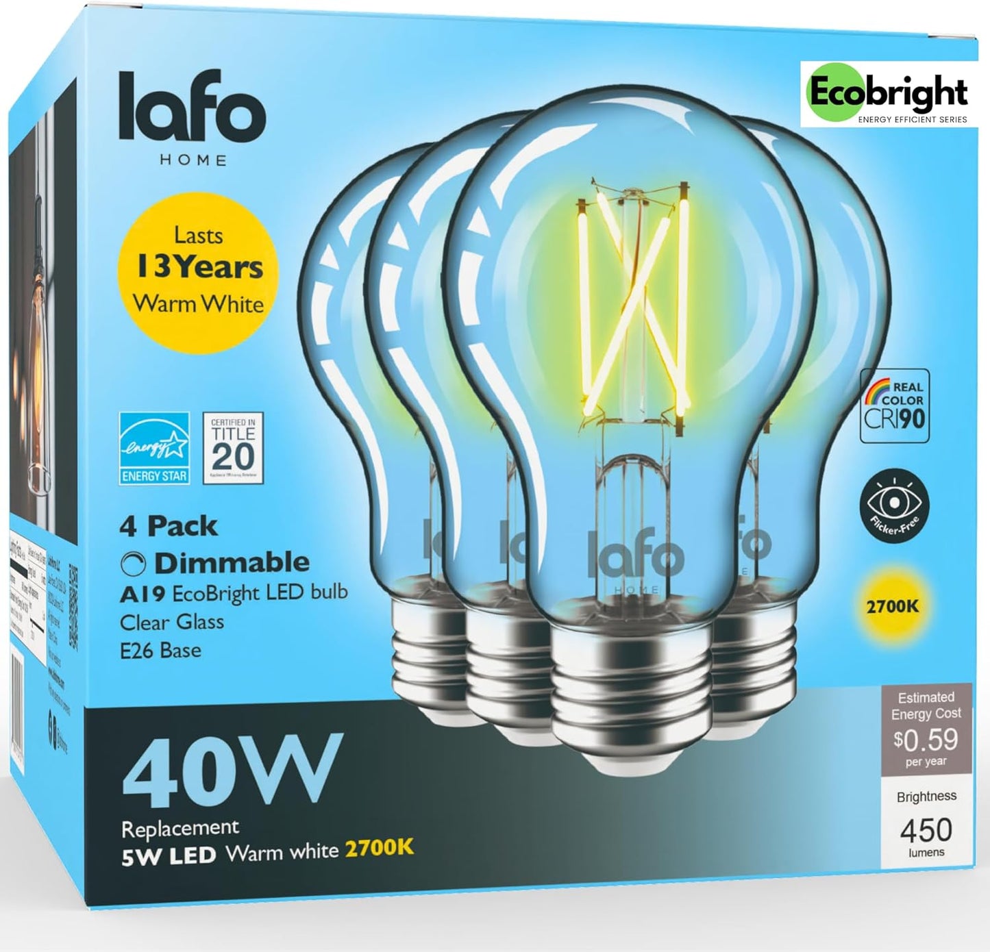 EcoBright 4PK Dimmable A19 LED Filament Bulb 40W Equivalent 5W E26 Base 450 Lumens CRI90 Flicker Free Clear Glass Energy Star Title 20 Warm White 2700K for Lamps Indoor Use