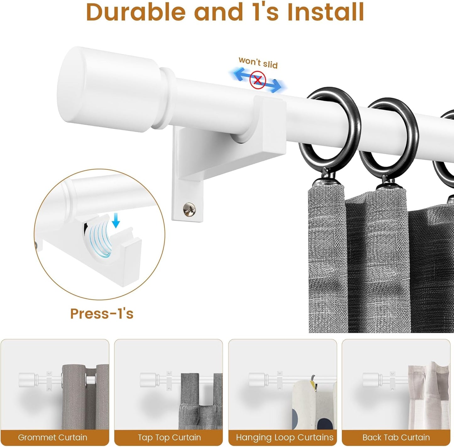 White Aluminium Curtain Rods for Windows,1 Inch Adjustable Curtain Rod 32 to 45 Inch,Heavy Duty Drapery Rods with Thicken Bracket,Modern Single Rod with Aluminium Finials