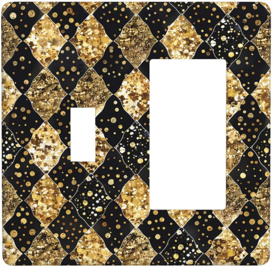 Gold Black Marble Geometric Plaid Glitter Outlet Covers 1 Toggle 1 Rocker Combination Light Switch Cover Plate Decorative Wall Plate Electrical Switch Plates for Bedroom Bathroom Decor