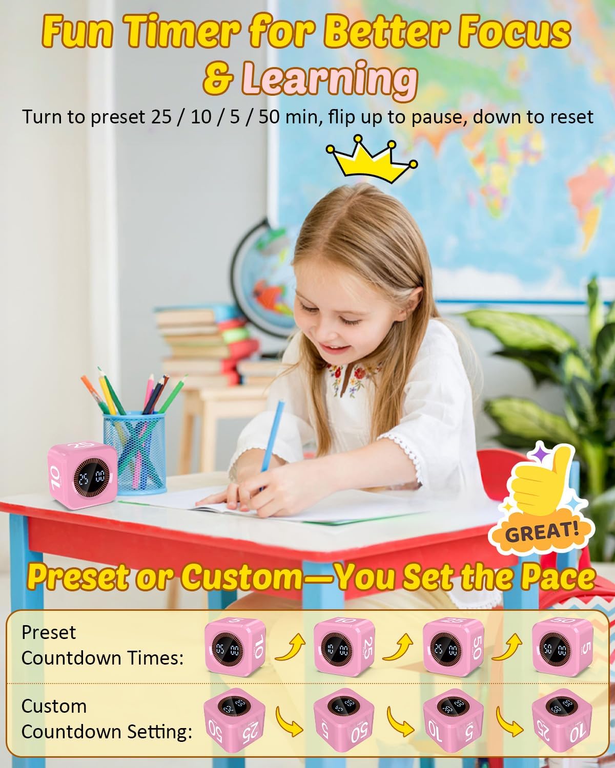 Pomodoro Timer Cube Visual Productivity Flip Timer for Kids Classroom Desk, 5/10/25/50min&Custom Countdown, Silent&Sound Mode Digital Cube for ADHD Study Work School Game Kitchen (Pink)