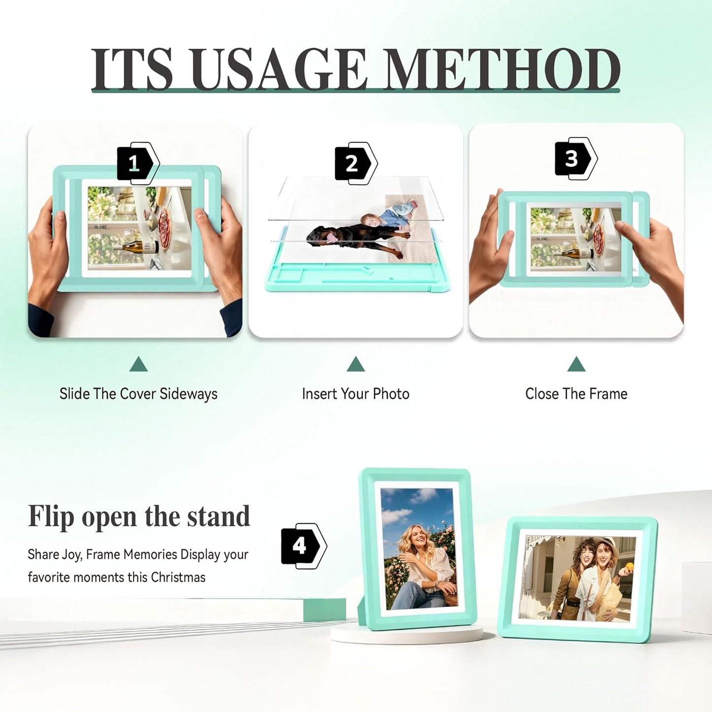 Green 5x7 Picture Frame with Acrylic Front 4 Pack, ABS Frame for 5x7 or 4x9 Photos, Shatterproof UV-Resistant Tabletop Photo Frame, Vertical/Horizontal Display for Home Décor