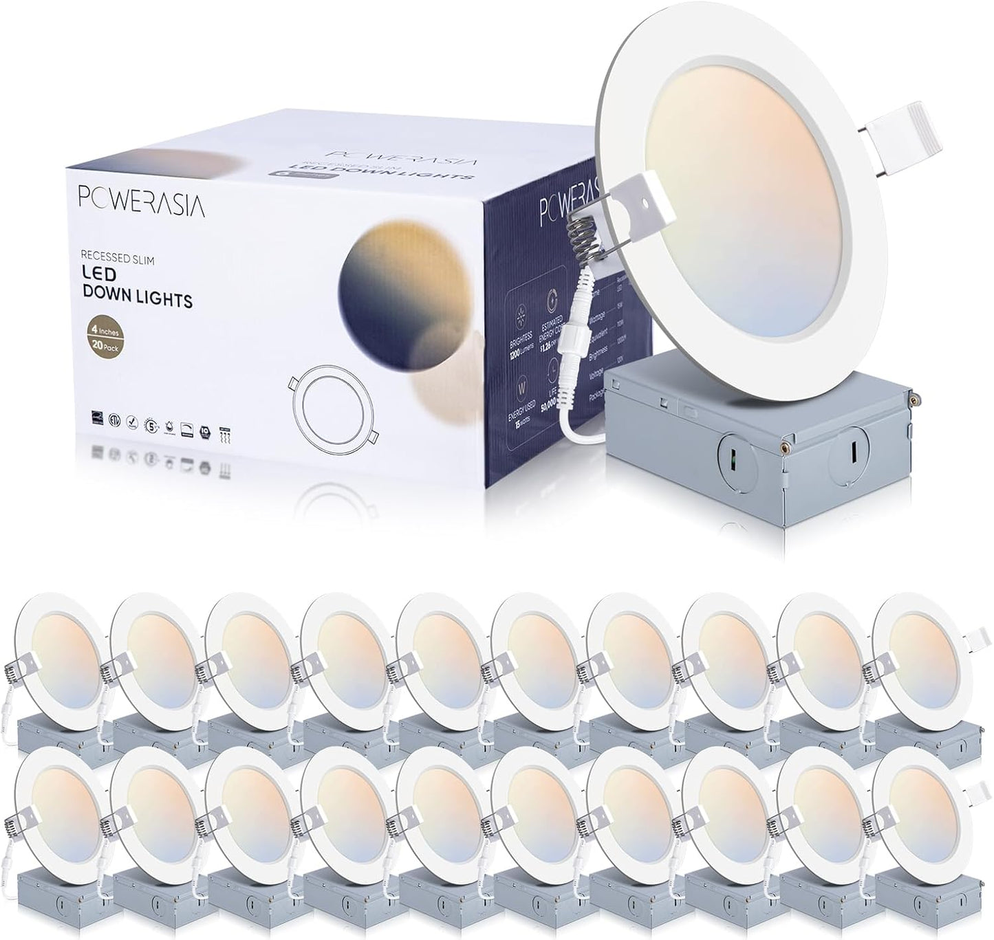 20 Pack 4 Inch LED Recessed Lighting with Junction Box, 5CCT 2700K/3000K/4000K/5000K/6000K Selectable, 9W 850lm Ultra-Thin Recessed Downlight-ETL and Energy Star Certified