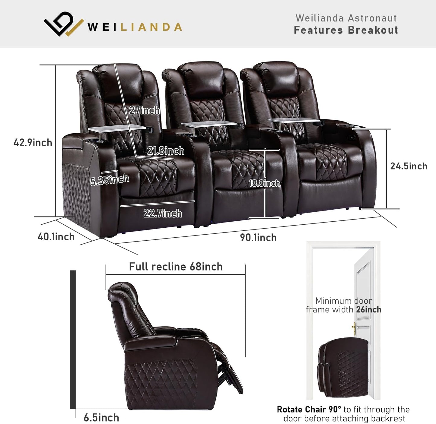 Weilianda Home Theater Seating Top Grain Leather Zero Gravity Recliner Chair Power Headrest Recline Movie Seat Gaming 7 Colors Mood Light Sofa with Tray Table USB Charge Row of 3 Brown