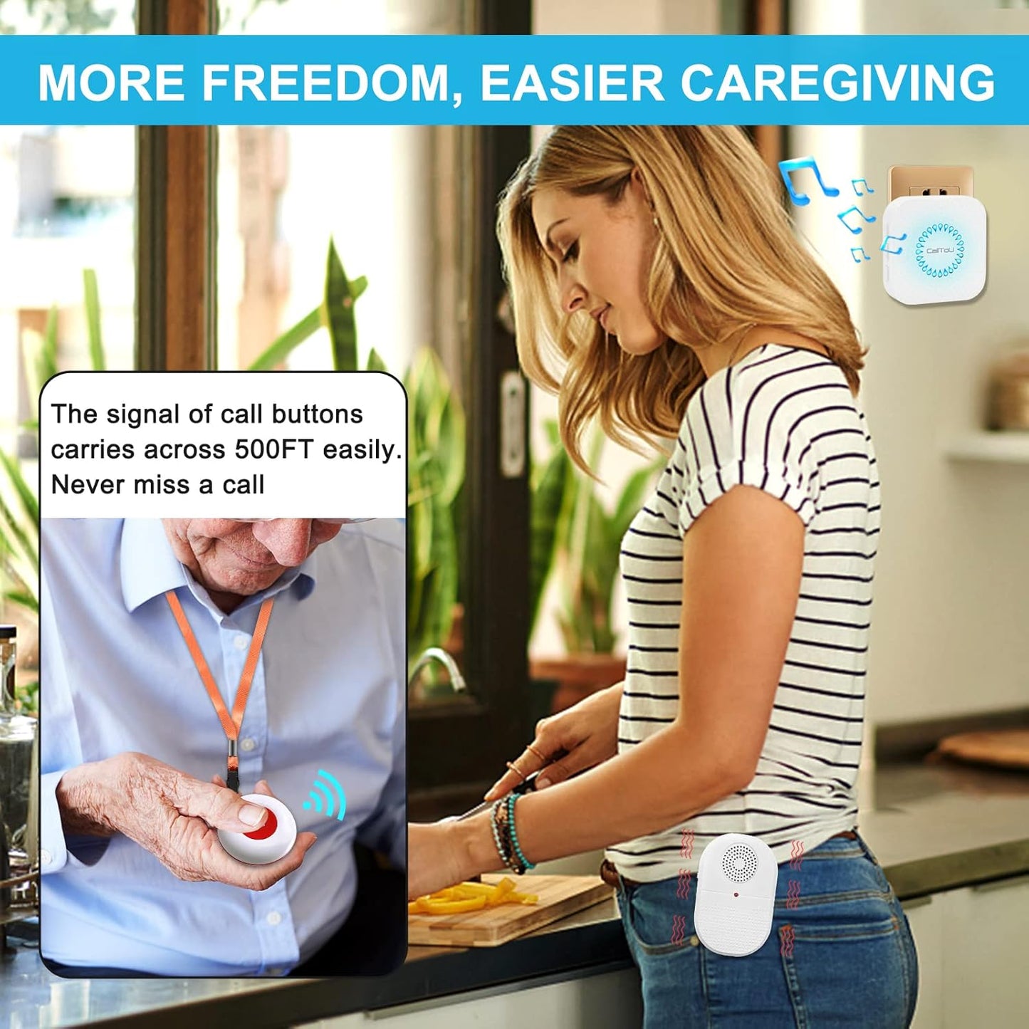 CallToU Caregiver Pager Wireless Call Button for Hard of Hearing Waterproof 500FT Vibration Nurse Calling Alert System for Home Elderly Monitoring Disabled/Patient/Seniors (2+2)