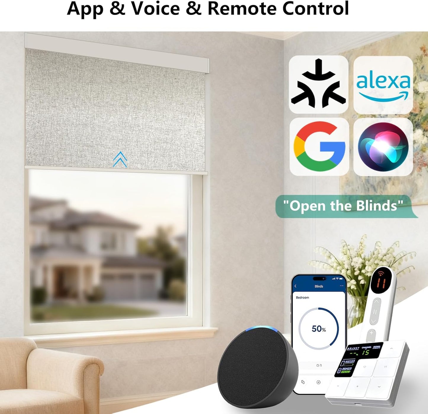 Smart Motorized Blinds – 100% Blackout Roller Shades with Remote, Alexa/Google Home/Siri Control, Matter Compatible, Wireless Rechargeable Battery, Custom Sizes for Windows & Sliding Doors