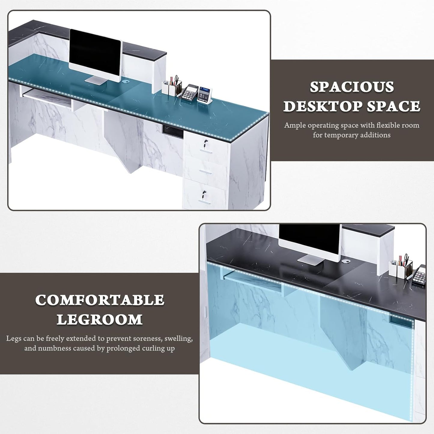 L-Shaped Modern Reception Desk with Counter & Storage - 71"/84" Large Office Front Desk, Salon Checkout Counter with Lockable Cabinets, Shelves & Drawers (Black & White, Left - 71''L x 34''W x 41''H)