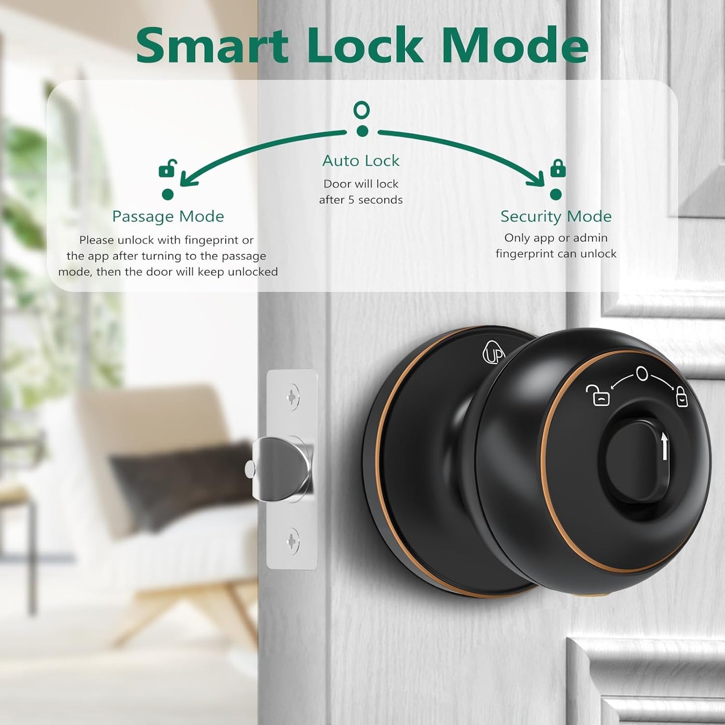 GeekTale Fingerprint Door Lock, Smart Lock with App, Biometric Door Lock, Thumbprint Door Knob, Smart Fingerprint Door Knob for Bedroom, Office, Apartment
