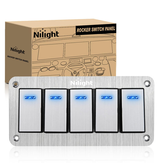 Nilight 5 Gang Rocker Switch Panel 3 Pin On Off Pre-Wired Blue LED Waterproof Aluminum with DIY Stickers for 12V 24V Automotive Cars Marine Boats UTV Truck Jeeps