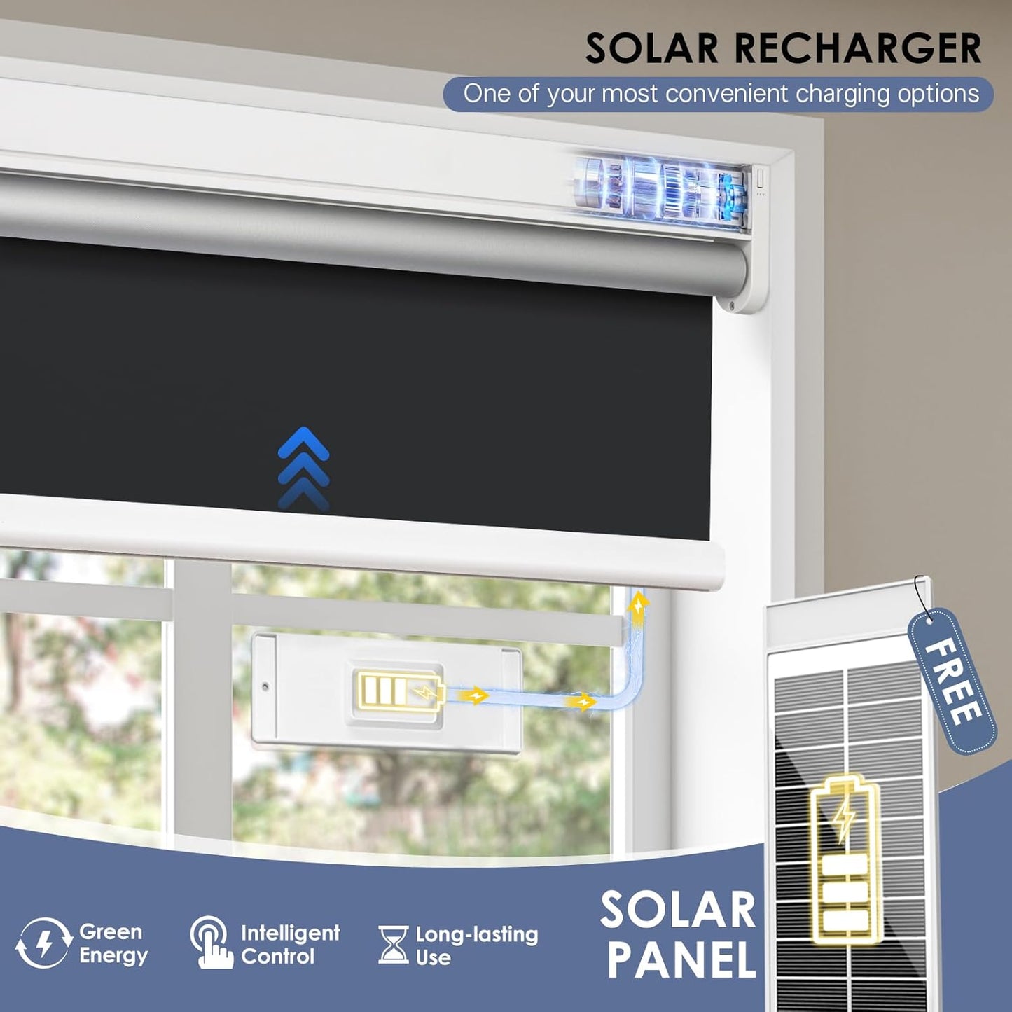 Motorized Roller Blinds with Remote Control & Solar Panel - 100% Blackout Smart Blinds, Automatic, Cordless, Electric Shades - Compatible with Alexa - Black, 35" W x 72" H