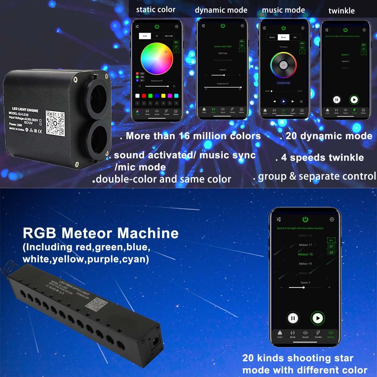 AZIMOM Dual Color 20w Twinkle Fiber Optic Starlight Headliner Kits 900pcs 0.03in 9.8ft, RGB Meteor Shooting Star, Sound Activated Remote APP Control Home Car Ceiling Décor