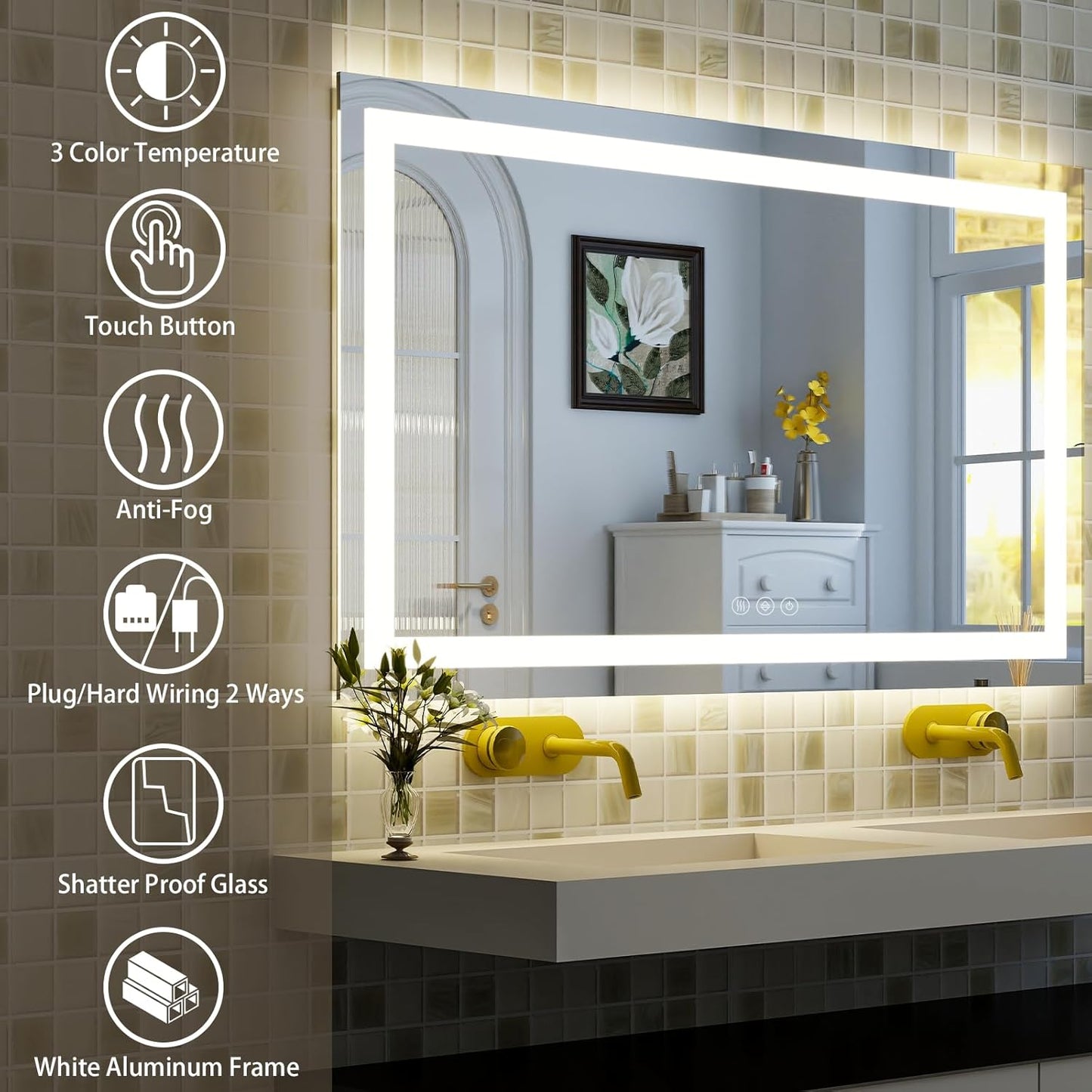 55'' x 30'' LED Bathroom Mirror with Lights, Wall Mirror with Front and Backlight, 3 Colors Vanity Mirror with Lights, Anti-Fog Wall Mirror for Bathroom