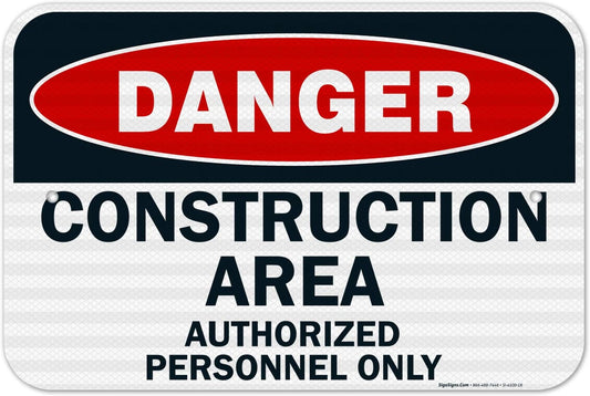 Danger Construction Area Sign, Authorized Personnel Only Sign, 12x18 Inches, 3M EGP Reflective .063 Aluminum, Fade Resistant, Easy Mounting, Indoor/Outdoor Use, Made in USA