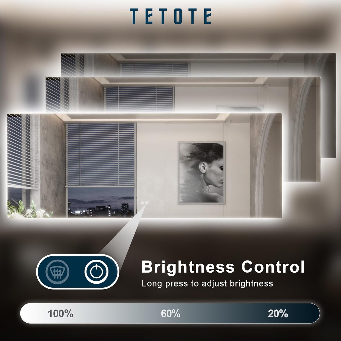 TETOTE 55 x 30 Inch LED Mirror Backlit Bathroom,Anti-Fog Mirror with Light,Dimmable,CRI90+,IP54 Water Proof,Wall Mounted Vanity Lighted,Horizontal/Vertical