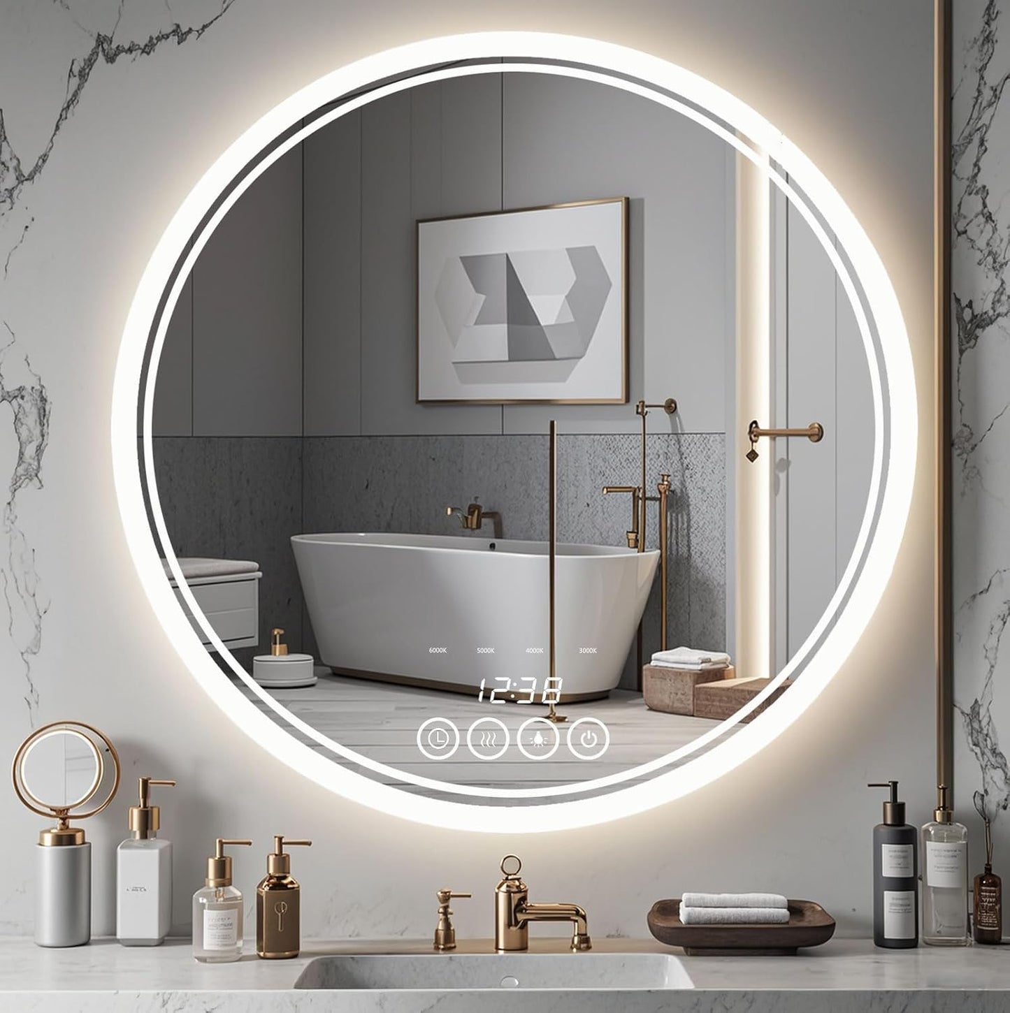 Wall-Mounted Round Bathroom Mirror with LED-Lights - 36 Inch Vanity Mirrors with Dimmable (36" x 36",Frameless)