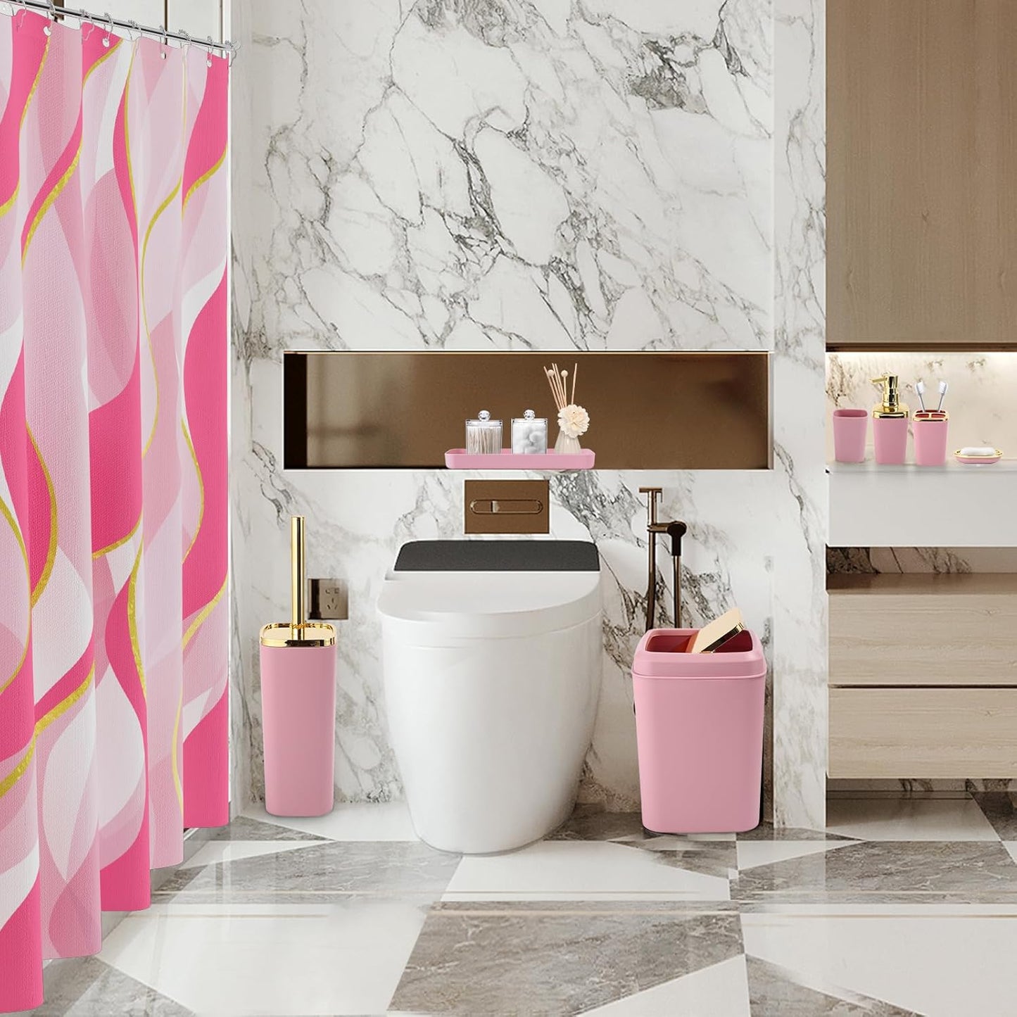 Pink Bathroom Set, Bathroom Sets with Stripe Shower Curtain, Pink and Gold Bathroom Accessories with Trash Can, Soap Dispenser, Soap Dish, Toilet Brush Holder, Qtip Holders for Bathroom