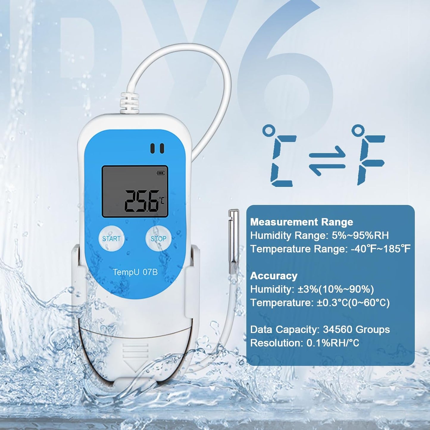 Tzone Temperature Humidity Data Logger with Probe,Digital Humidity Logger USB Temp Recorder 34560 Groups,Industrial Data Logger Thermometer with Auto PDF&CSV Report for Freezer Refrigerator RH Monitor