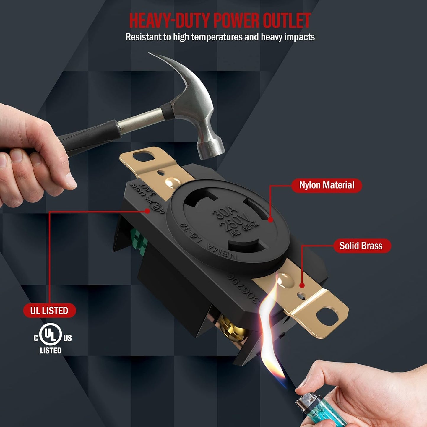 ENERLITES NEMA L6-30R Flush Mounting Locking Receptacle for Generator, Twist Lock Outlet, 30 Amp, 250 Volt, 2 Pole, 3 Wire Grounding, Industrial Grade Heavy Duty, UL Listed, 66460-BK, Black