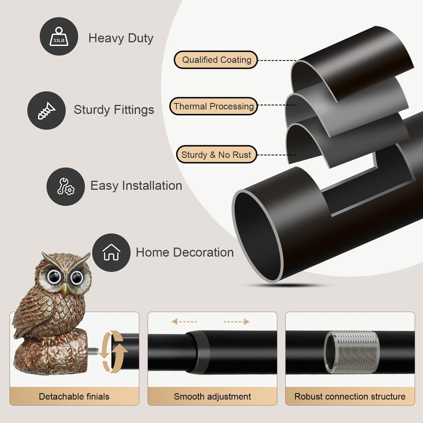Vintage Decorative Black Curtain Rods for Windows 48 to 84 Inch Adjustable Heavy Duty 1'' Diameter Curtain Rod with Owl Finials for Bedroom Living Room Kitchen Farmhouse (36-88'')