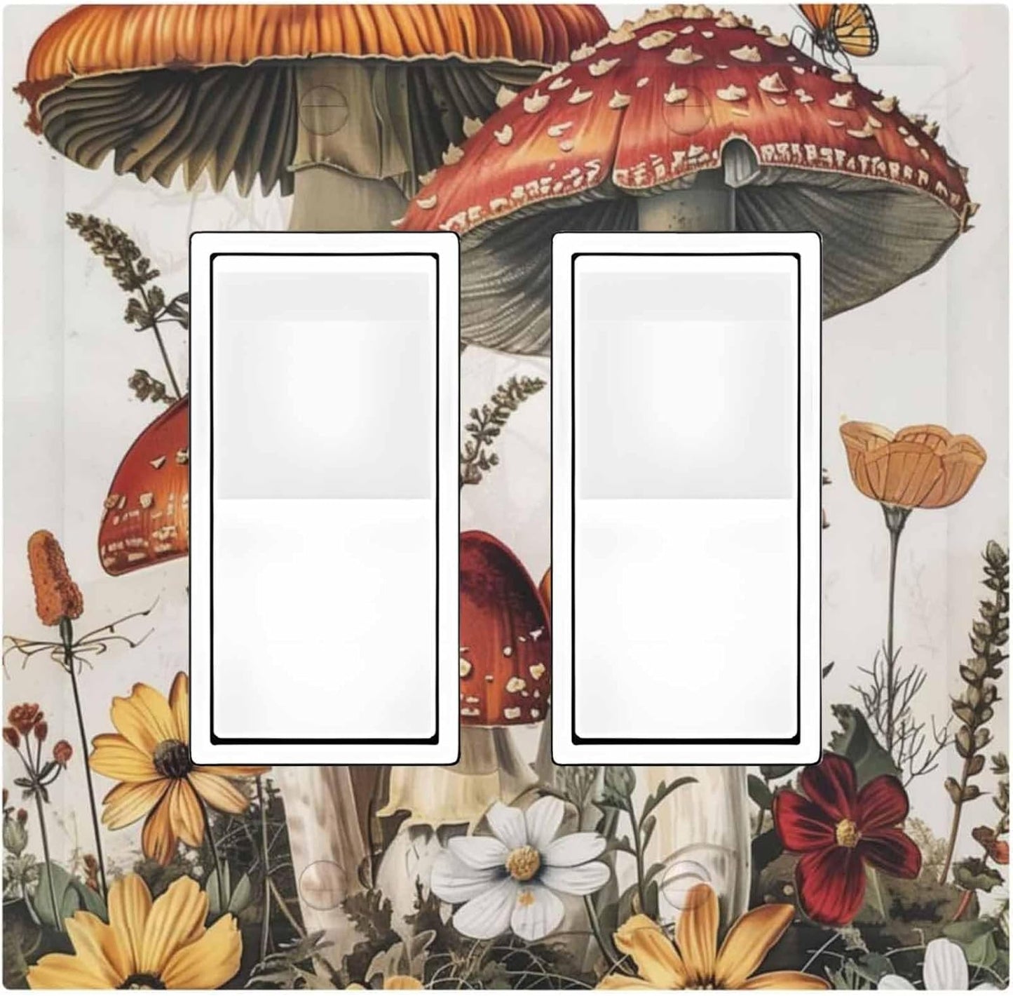 Decorative Outlet Covers Mushroom Forest Butterfly Wild Flower 2 Gang Double Gfci Rocker Electrical Wall Panels Light Switch Cover Plate For Bed Room Living Room Decor