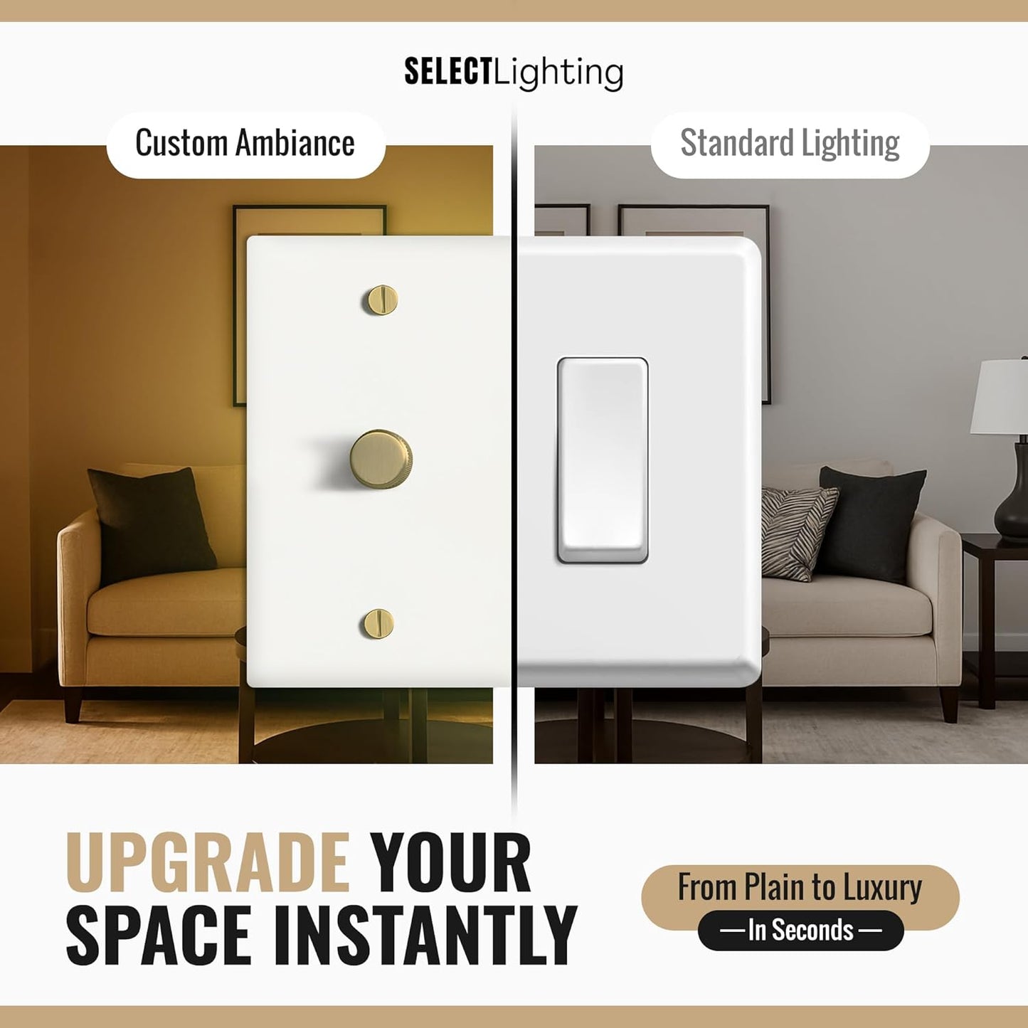 SELECT White Brass Dimmer Light Switch, 1 Way Rotary Dimmer, 4 Gang TRIAC/Leading Edge Dimmable LED Light Switch, 15A 120V AC with Brass Knob, Faceplate & Dimming Module, UL Listed