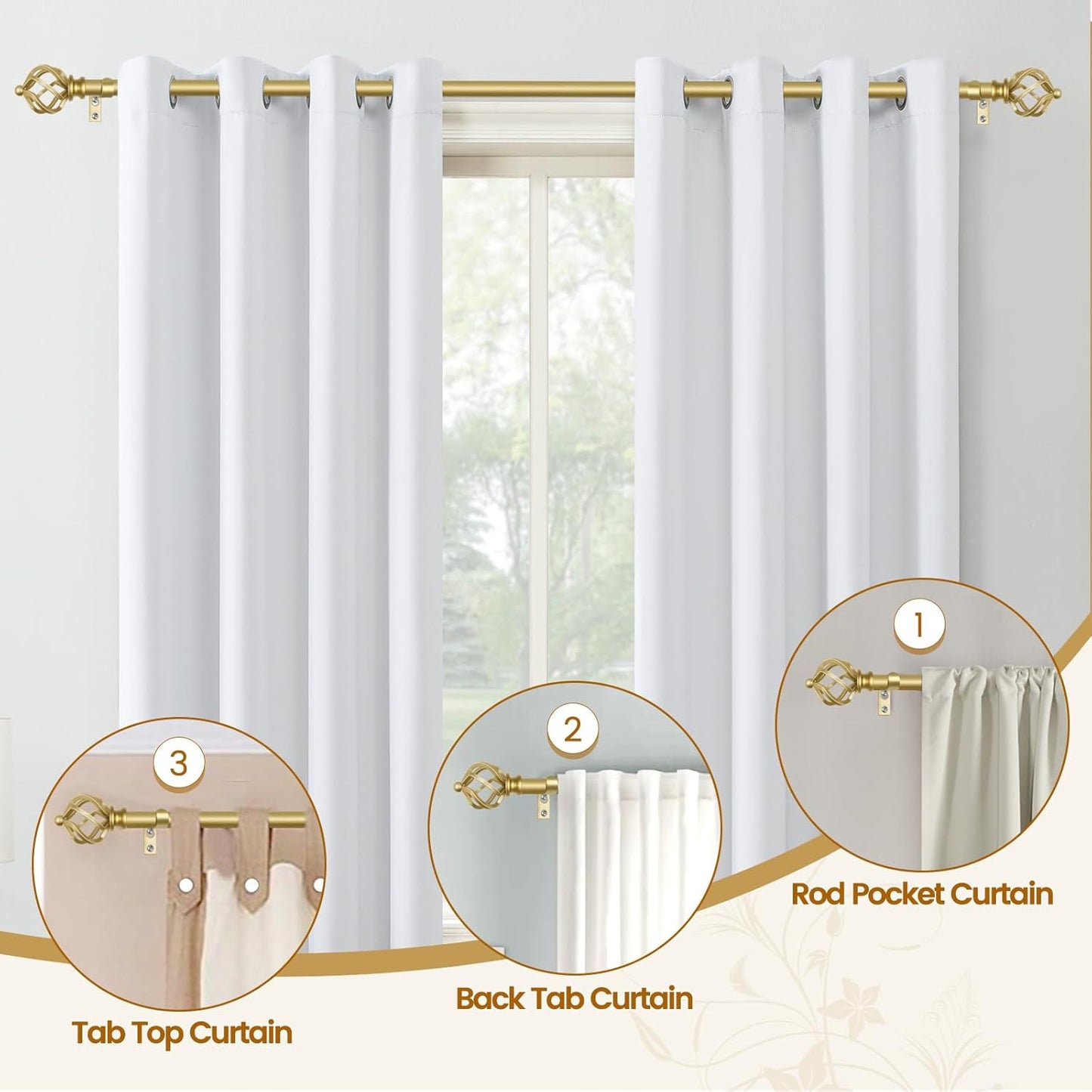 KAMANINA Curtain Rods for Windows 66 to 120 Inch, 3/4 Inch Gold Curtain Rod 32 to 115 Inches (2.6-9.6ft) Splicing Adjustable Single Drapery Rod with Twisted Cage End