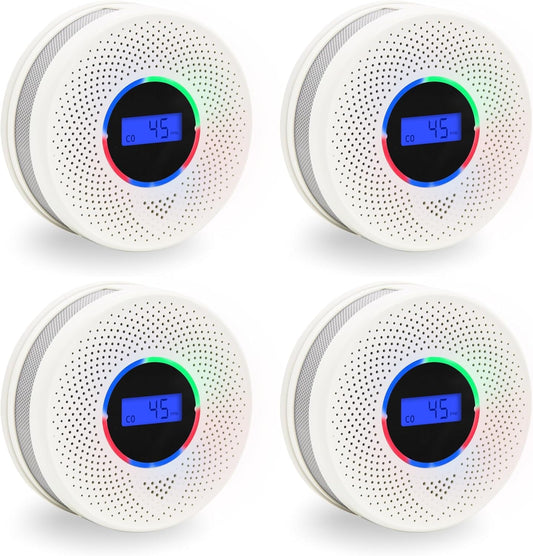 10-Year Battery Smoke and Carbon Monoxide Detector, 2-in-1 Smoke CO Alarm with Digital Display, Reliable Fire and CO Alarm for Home, Bedroom, Kitchen (4 Pack)
