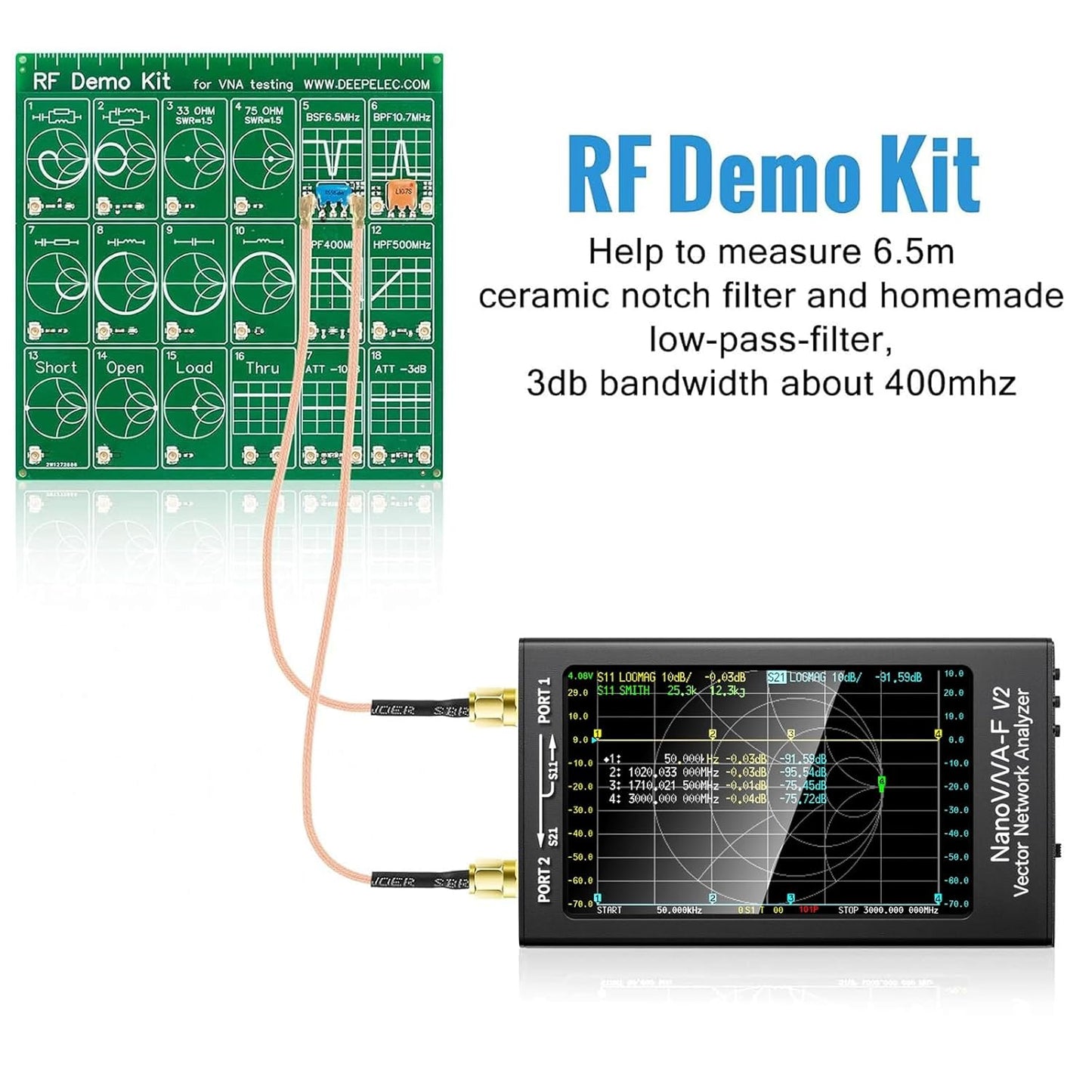 AURSINC Upgraded NanoVNA-F V2 Vector Network Analyzer 50kHz-3GHz with RF Demo Tester Board, 4.3inch with 5000mAh, Measuring S-Parameters VoltagSWR, Phase, Delay, Smith Chart, RTC Realtime