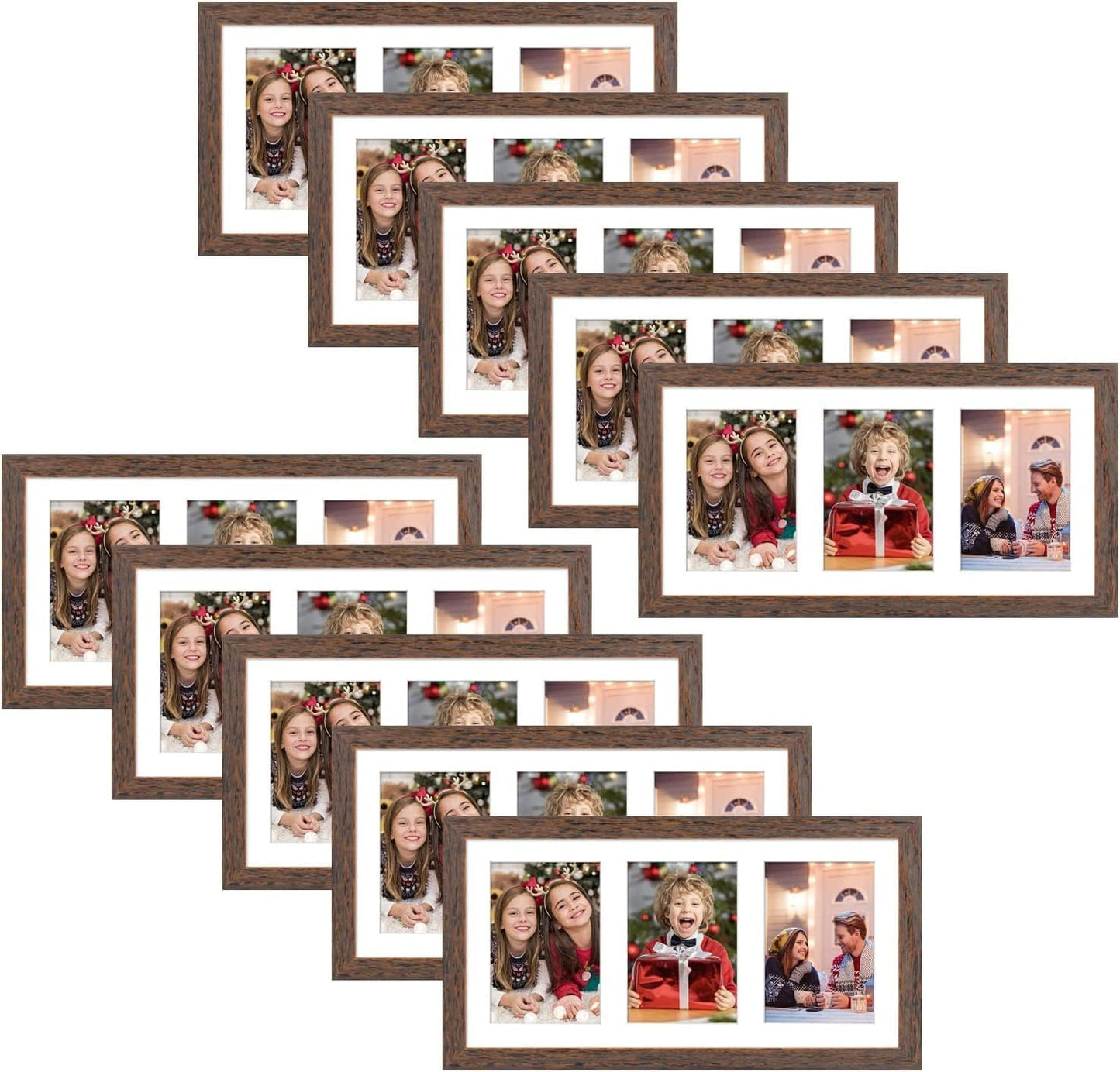 Golden State Art, Set of 10, 9x18 Distressed Brown Wood Frame - White Mat for Three 5x7 Pictures - Sawtooth Hangers- Swivel Tabs - Wall Mounting - Landscape/Portrait - Real Glass - Collage Frame