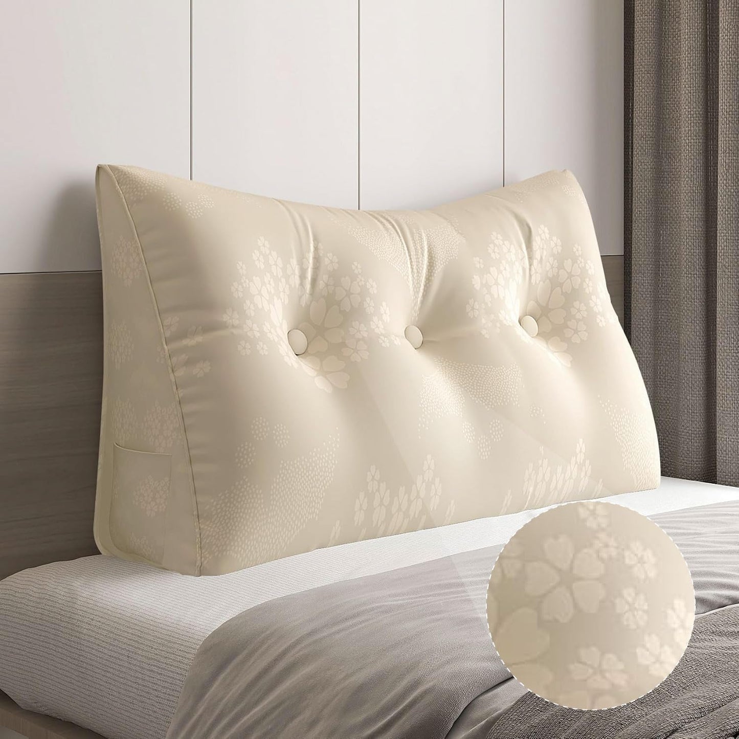 WOWMAX Wedge Pillow Headboard Dorm Headboard Twin XL Bed Cream Bolster Pillow for Bed, Jacquard Satin Fabric 100% Pure Cotton, Light Beige