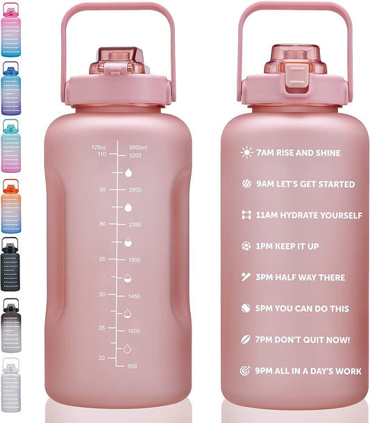64oz,100oz,128oz Large Motivational Water Bottle with Time Marker, Leakproof & BPA Free Half Gallon Big Water Bottle with Straw Handle Tritan Frosted Water Jug for Gym,Fitness,Outdoor Sports