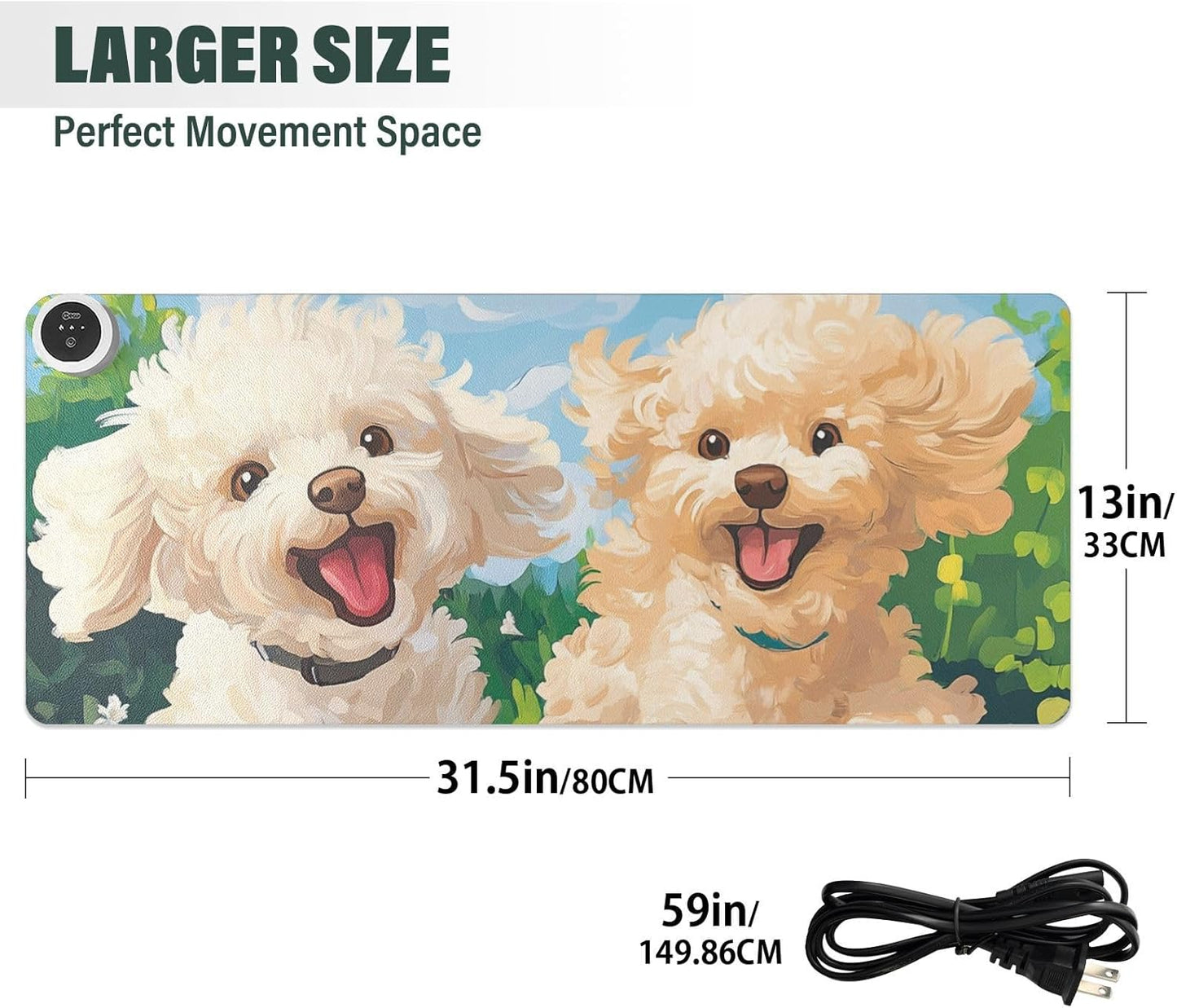 Heated Desk Pad Mouse Pad 31.5x13 Inch PU Leather Desk Mat with 3 Heat Levels Large Mouse Gaming Computer Laptop Mat Spring Running Poodle Dogs