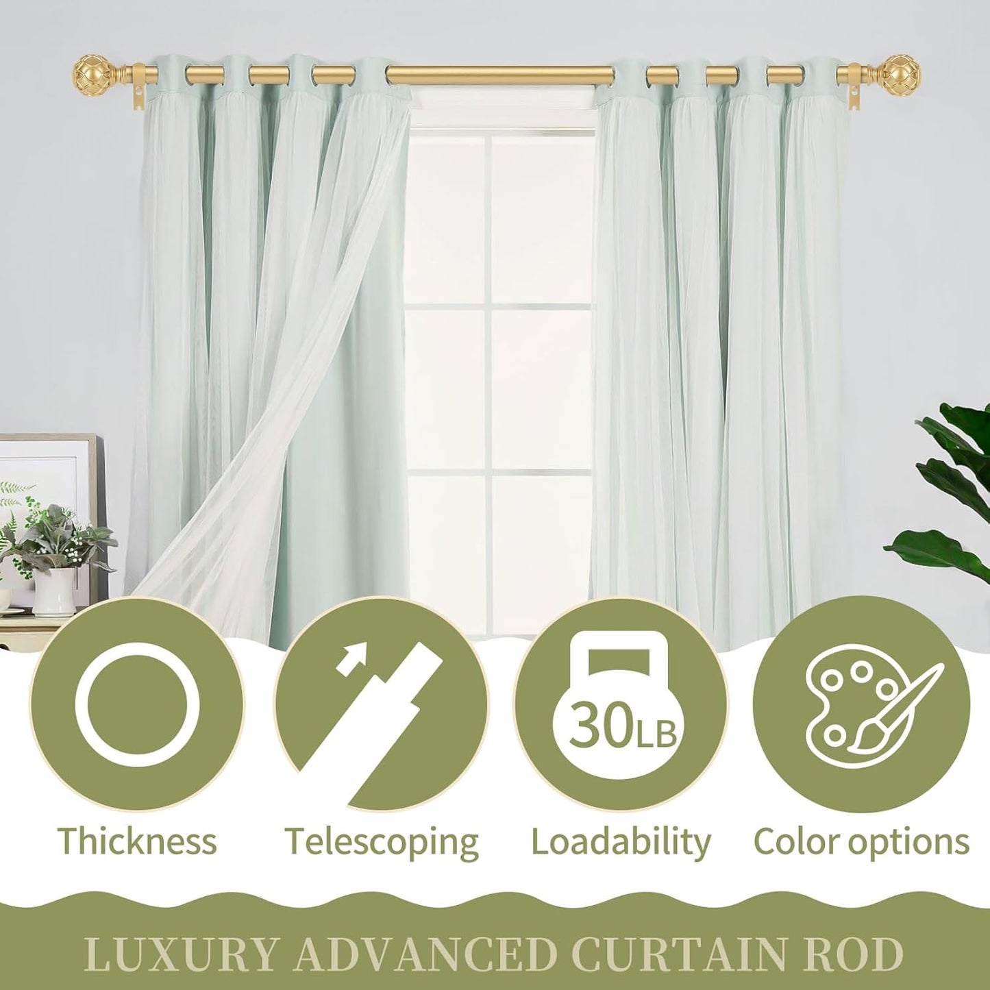 Gold Adjustable Curtain Rods for Windows:18-45 Inch Farmhouse Heavy Duty Curtain Rod for Bedroom Living Room,Boho Decorative Rustic Drapery Rods with Vintage Coastal Texture Finial,Brass Gold