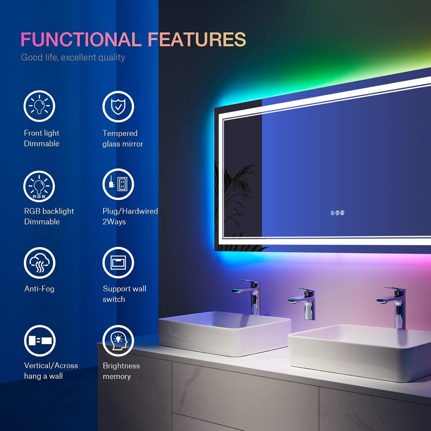 60x36 Inch RGB LED Mirror for Bathroom, RGB Backlit and Front Lighted Bathroom Mirror, Large Dimmable Vanity Mirror with Lights,Anti-Fog, Memory,ETL Listed, Wall Mounted