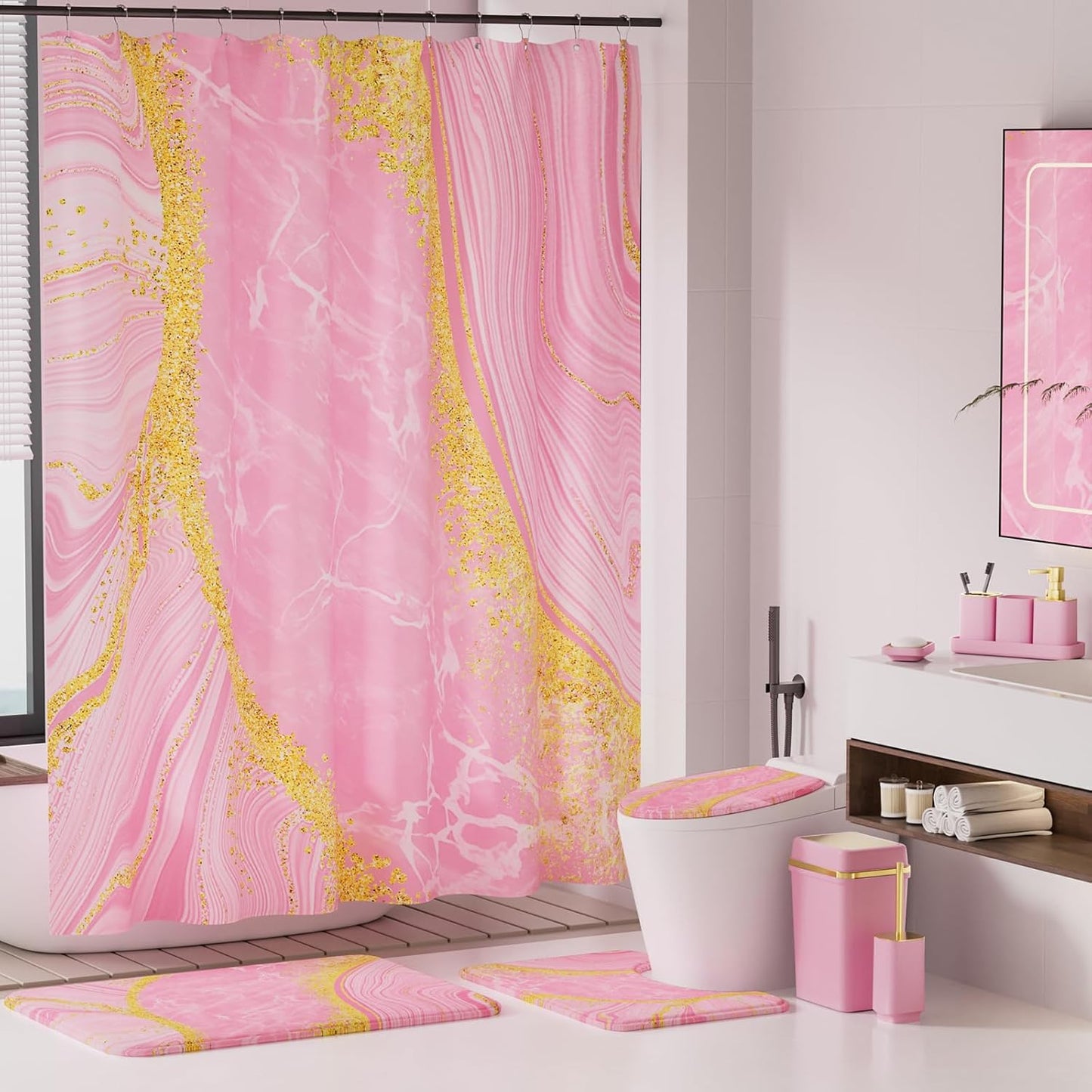 25PCS Bathroom Accessory Set, Pink Bathroom Set with Large-Capacity 4 Gallon Trash Can,Bathroom Rugs Set, Waterproof Shower Curtain, Toilet Brush, Toothbrush Holder & Soap Dispenser