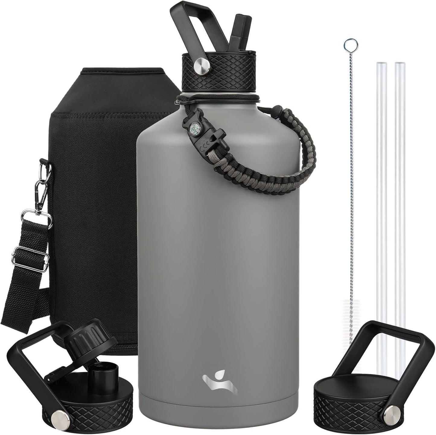 Gallon Insulated Water Bottle with Straw,128 oz 3 Lids Water Jug with Carrying Bag,Paracord Handle, Double Wall Vacuum Stainless Steel Metal Flask,Gray