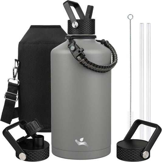 Gallon Insulated Water Bottle with Straw,128 oz 3 Lids Water Jug with Carrying Bag,Paracord Handle, Double Wall Vacuum Stainless Steel Metal Flask,Gray