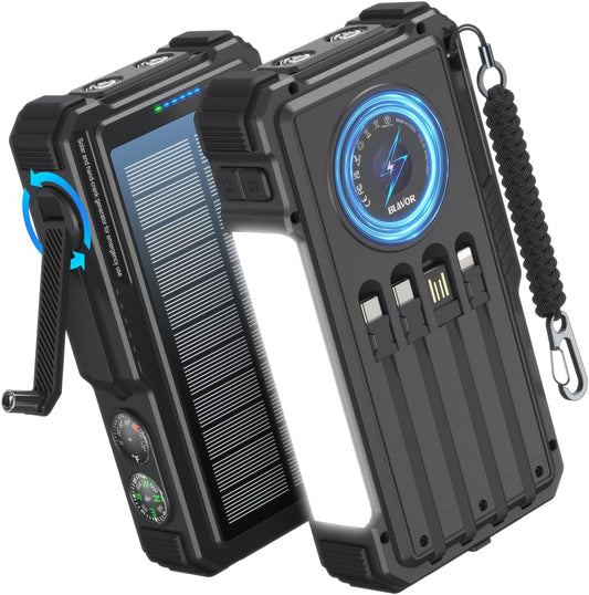 BLAVOR Solar Power Bank with Hand Crank and 4 Cables, 20000mAh Wireless Portable Charger with USB C & Camping Light, 20W Fast Charging Battery Pack for iPhone, iPad, Samsung, All Mobile Phones